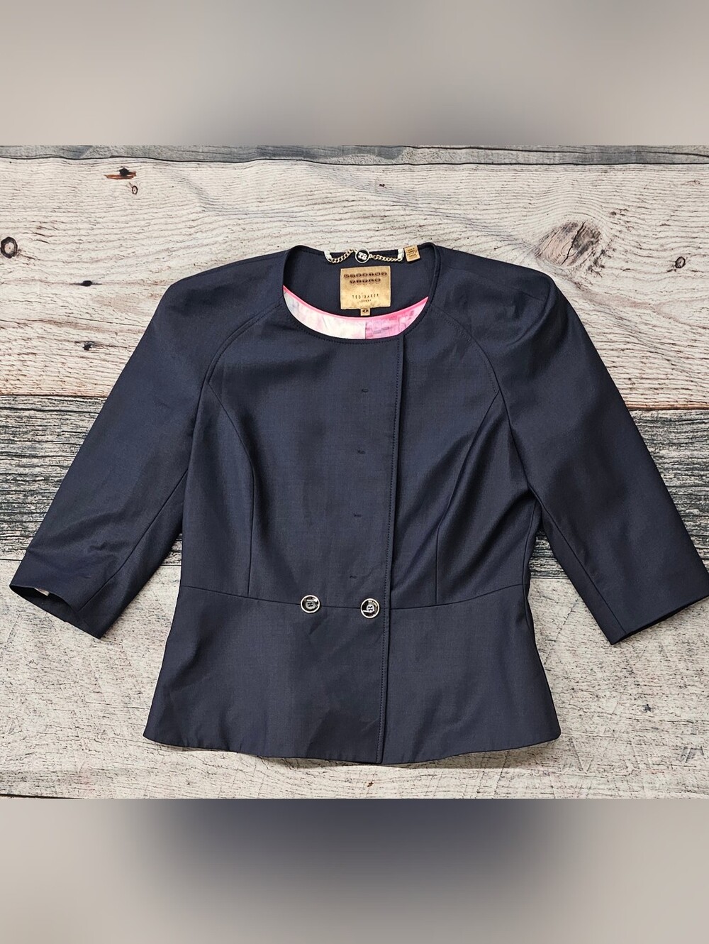 Ted Baker London Collarless Blazer Jacket Lined 2 Button Front 3/4 Sleeve Size 4